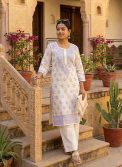 White With Blue Thread Work -  Bahaar Cotton Terry Voile Chikankari Kurta