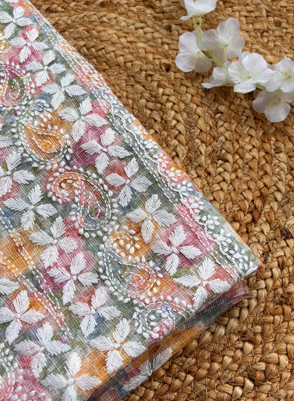 Multi-Coloured - Nayaab Kota Printed Chikankari Kurta & Dupatta Set