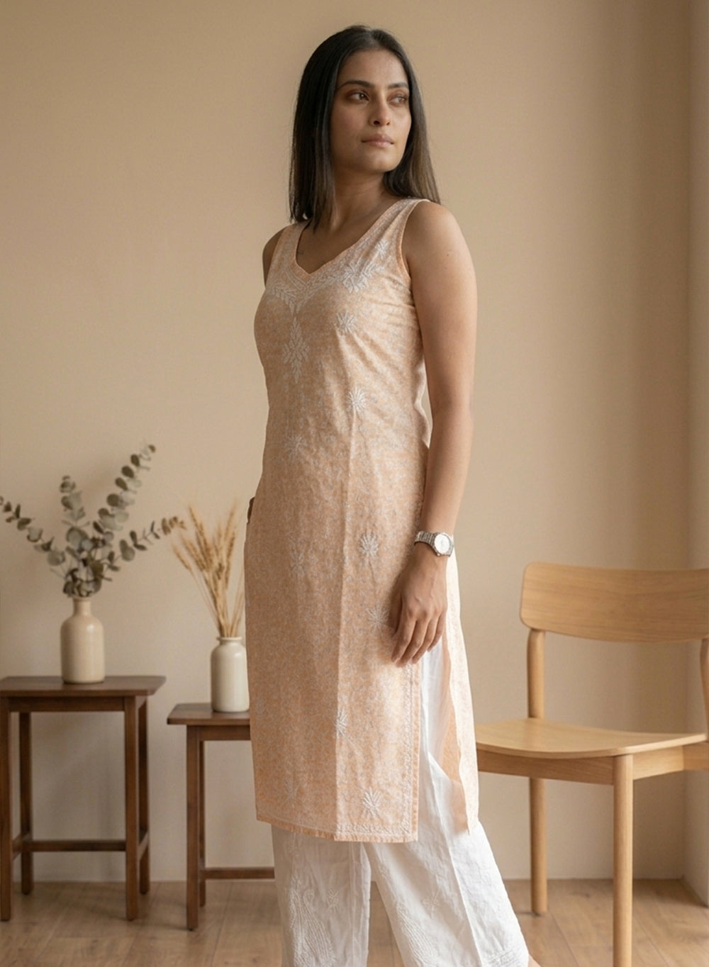 Surbhi Peach Printed Mul Cotton - Bahaar Noodle Strap Chikankari Kurta
