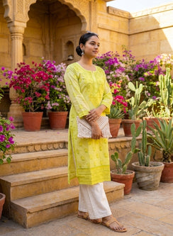 Pista Green & Yellow - Bahaar Cotton Terry Voile Chikankari Kurta With Slip