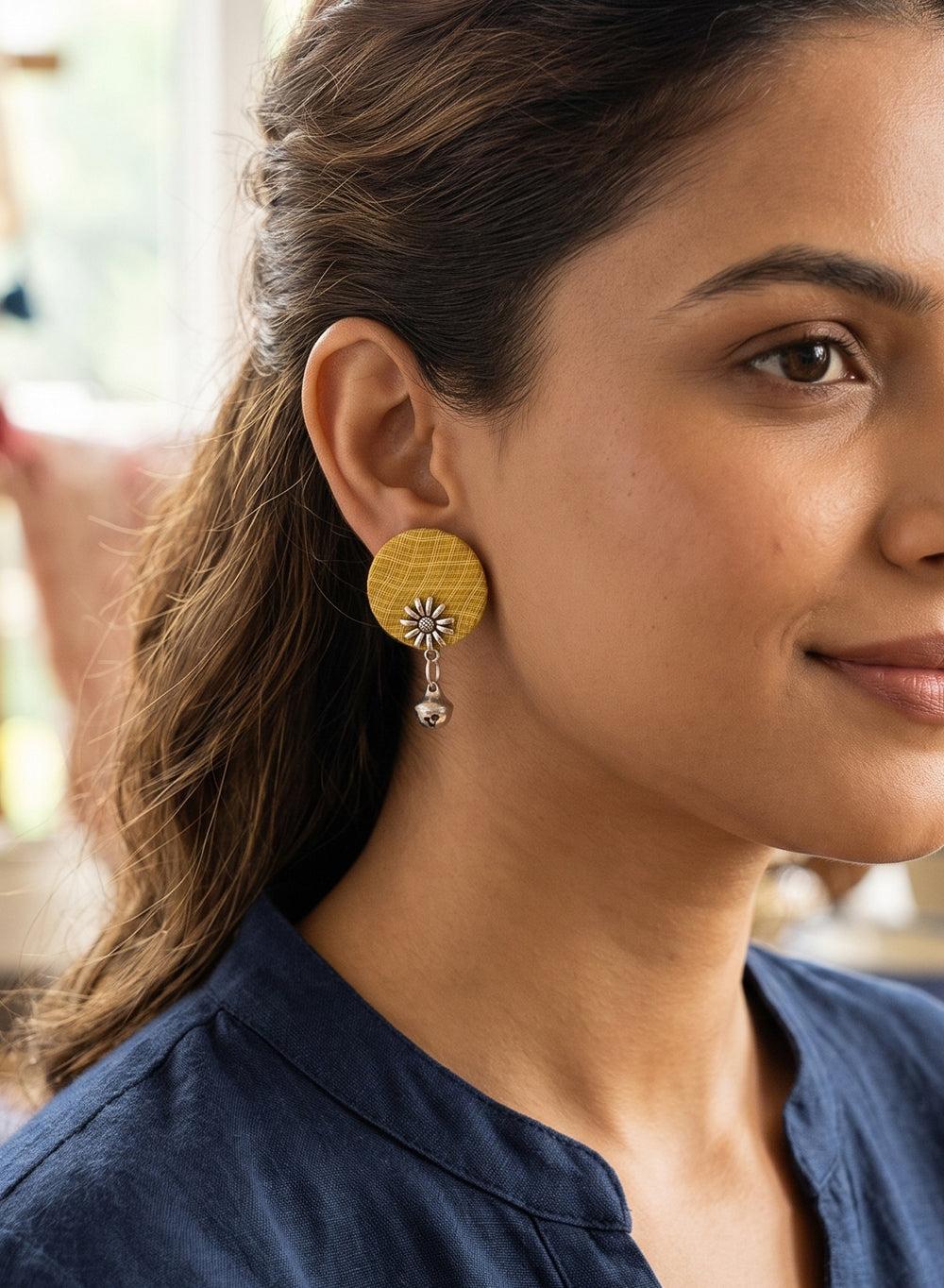 Olive Green Handcrafted Fabric Circular Studs with Oxidized Daisy Motif & Ghungroo Drop