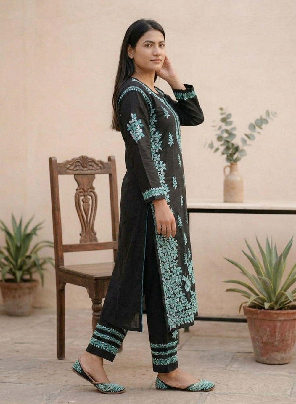 Sham - Pure Cotton Nargis Chikankari Co-ords Set With Turquoise Ombre Thread Embroidery