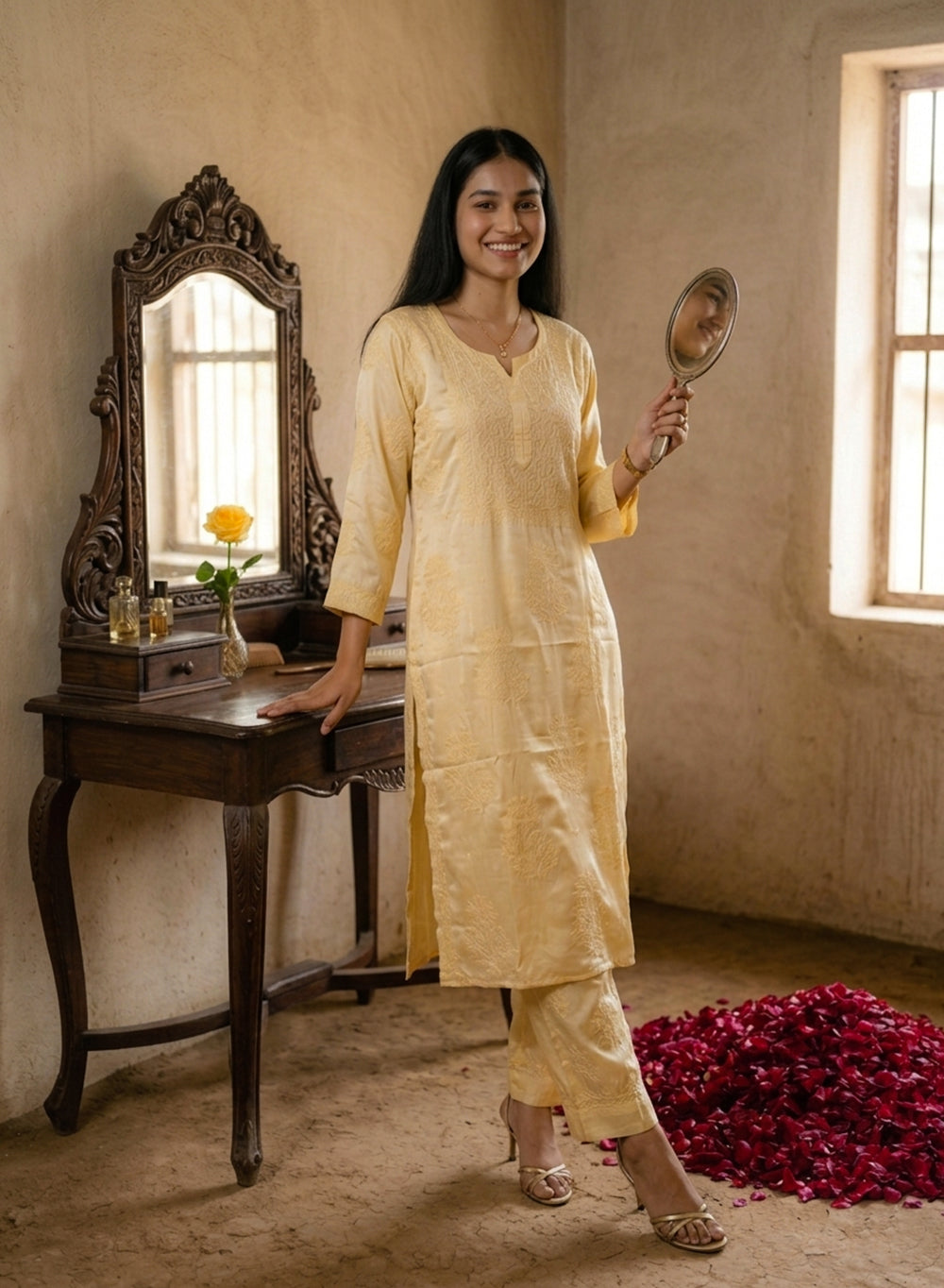 Seher Lime - Nargis Satin Chikankari Kurta & Palazzo Set