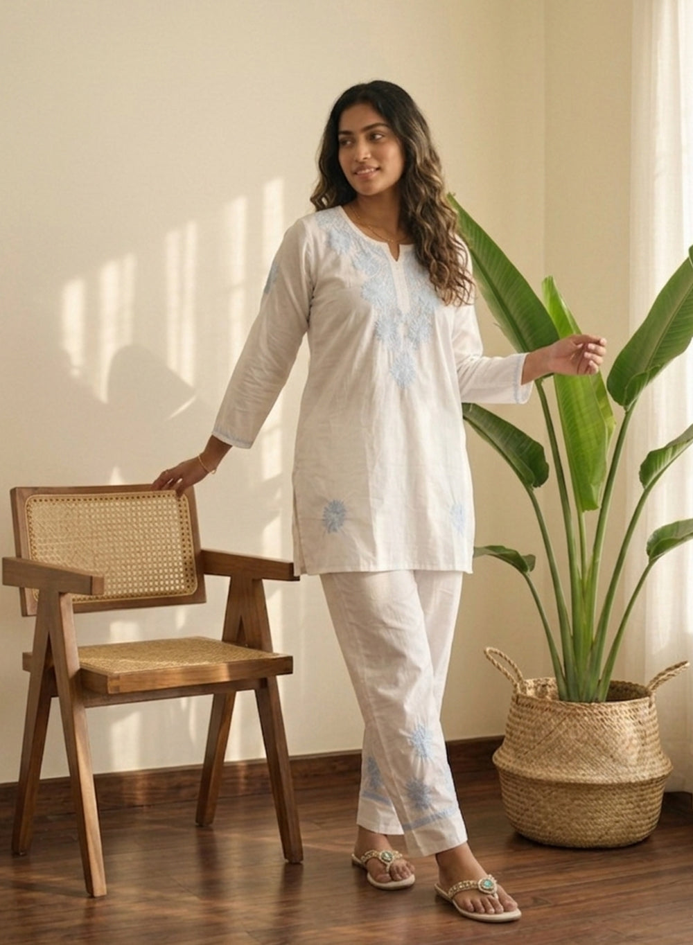 White & Blue - Mul Cotton Nargis Chikankari Co-ords Set