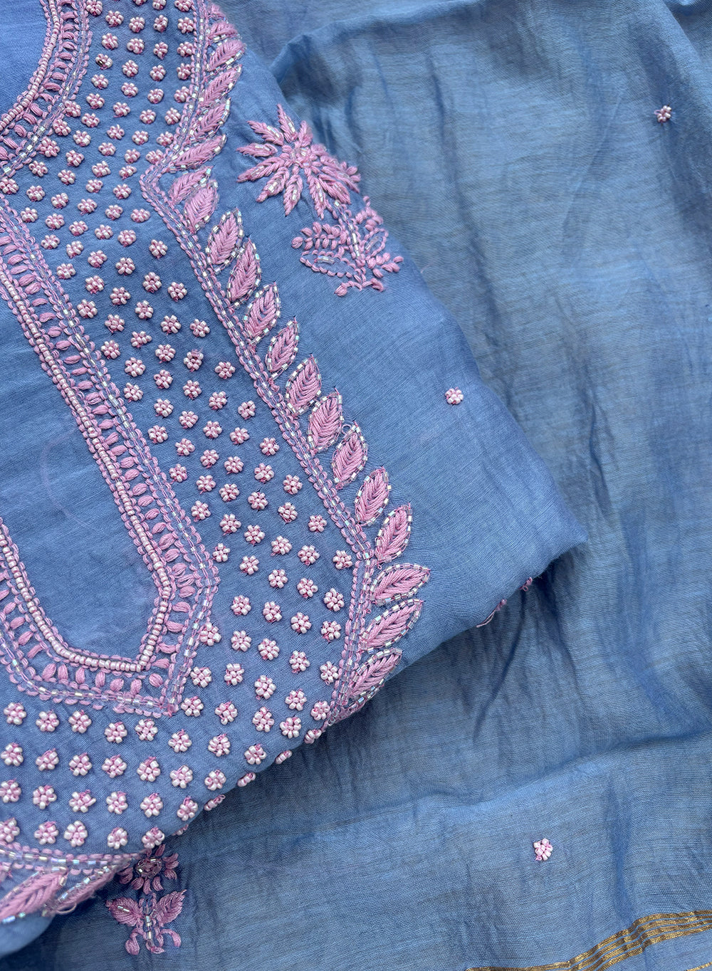 Blue & Pink - Moti Nayaab Mul Chanderi Kurta & Dupatta Set