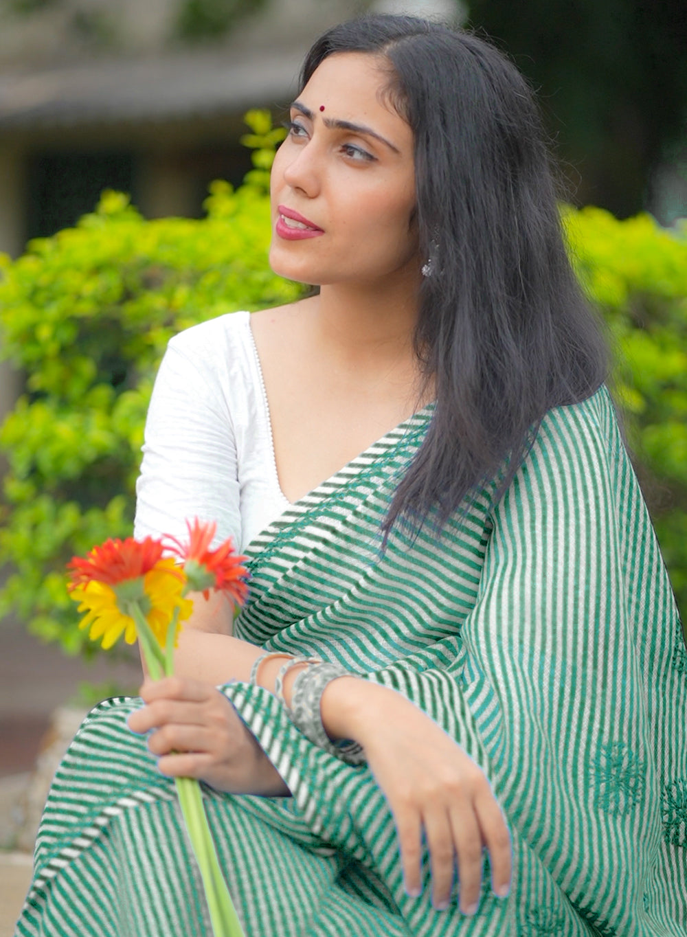 Dark Green Lehariya - Kota Aks Cotton Chikankari Saree