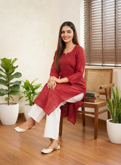 Swara Red - Anjuman Chanderi Cotton Chikankari Kurta