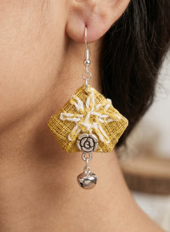 Olive Green Handcrafted Diamond Fabric Dangler Earrings with Thread Embroidery, Rose Charm & Ghungroo Drop