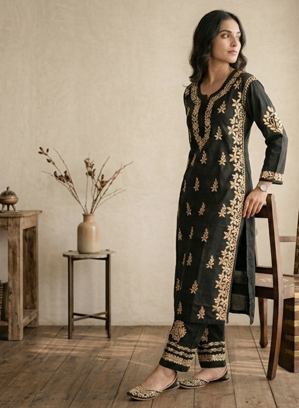 Sham - Pure Cotton Nargis Chikankari Co-ords Set With Yellow Ombre Thread Embroidery