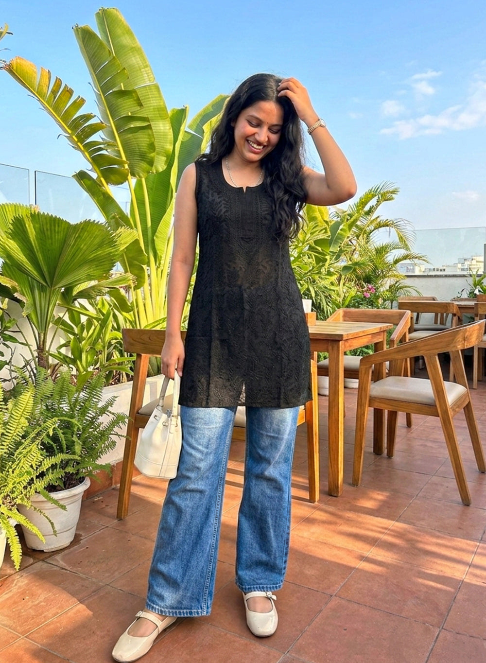 Black - Gulshan Viscose Front Jaal Chikankari Shot Top