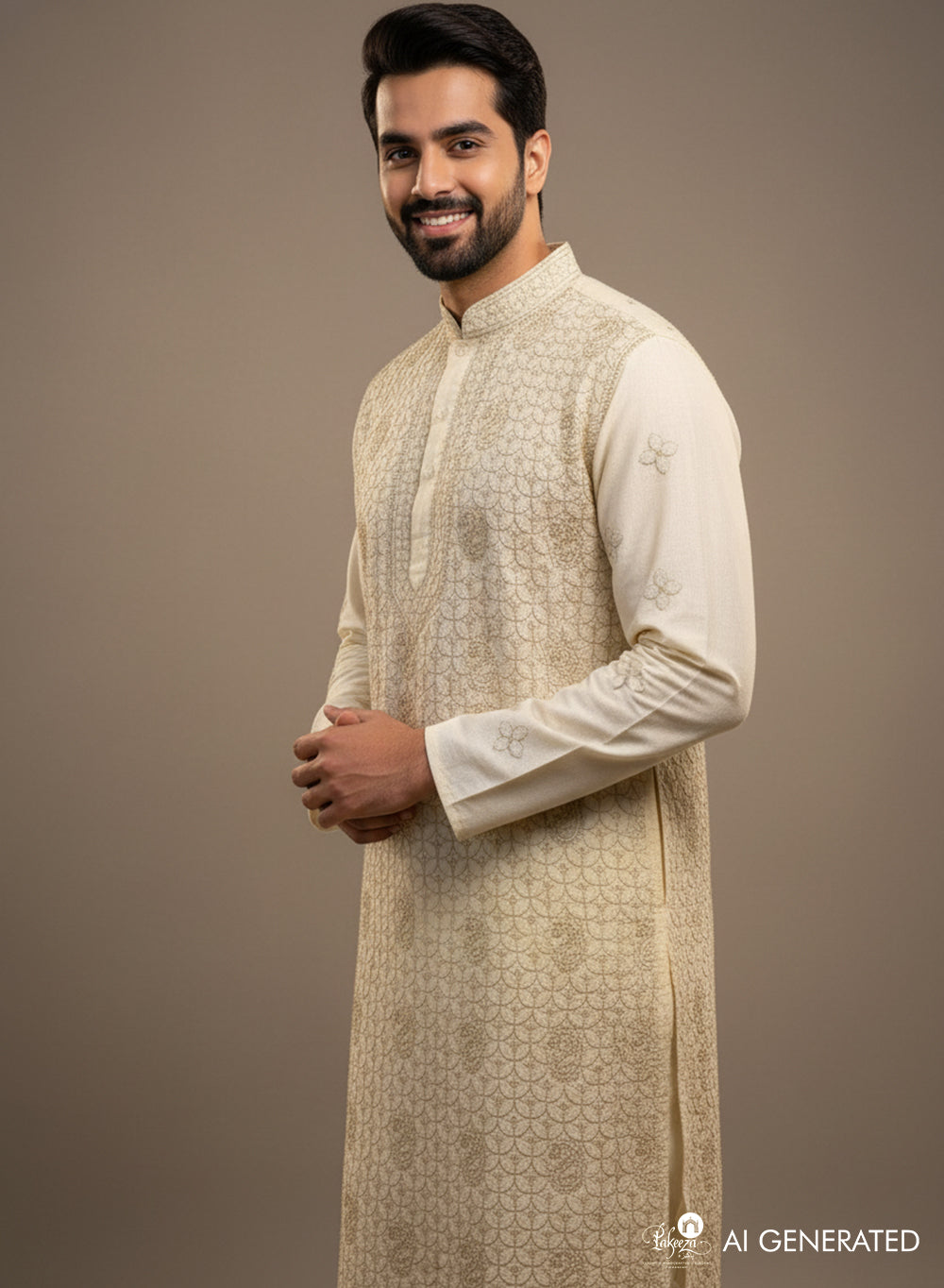 Cream - Nawab Cotton Chikankari Men Long Kurta