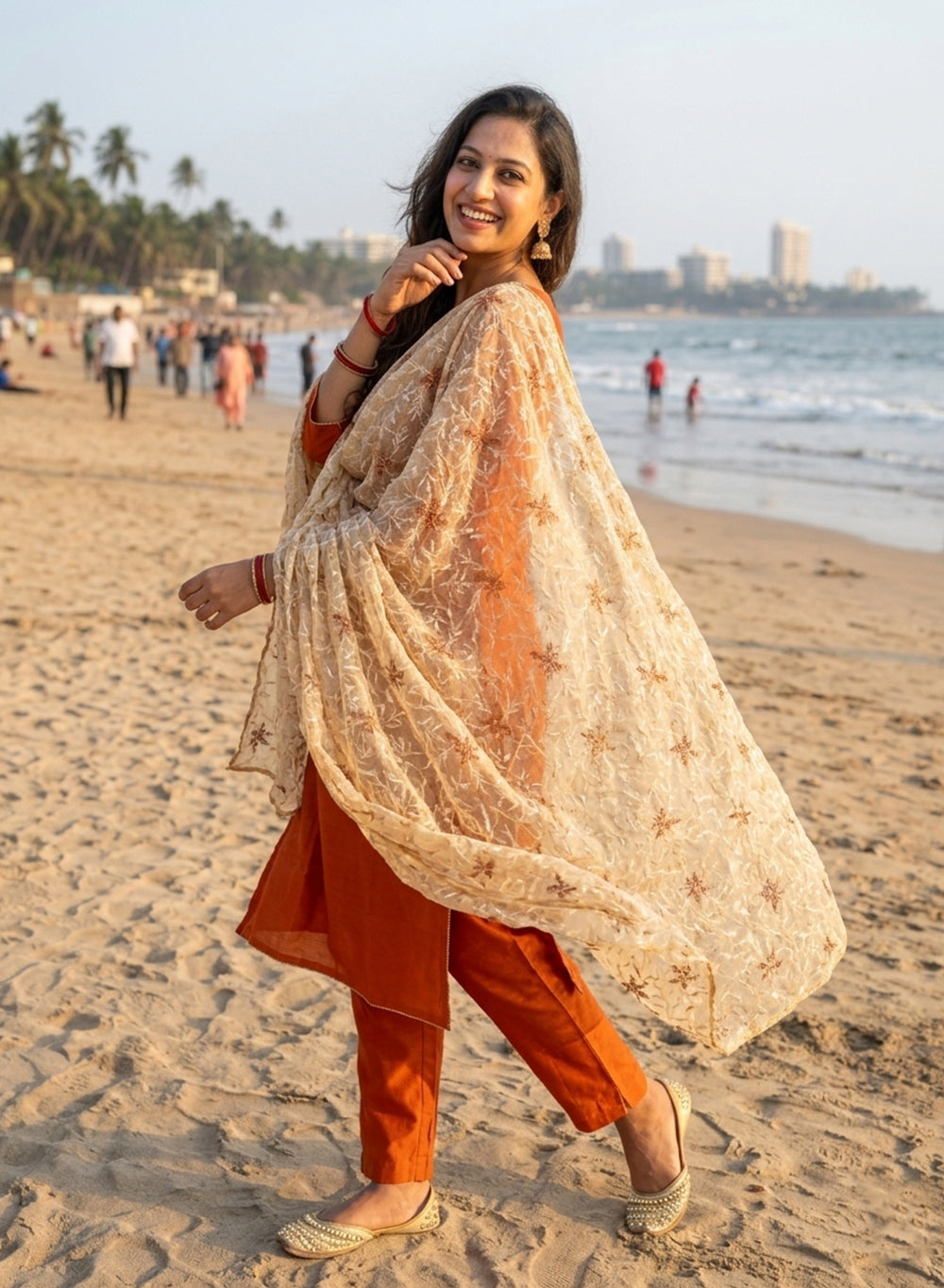 Beige - Nazm Kota Cotton Chikankari Dupatta With Brown Thread Embroidery