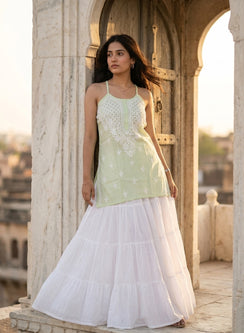 Zoya Pista Green – Cotton Chikankari Noodle Strap Short Top