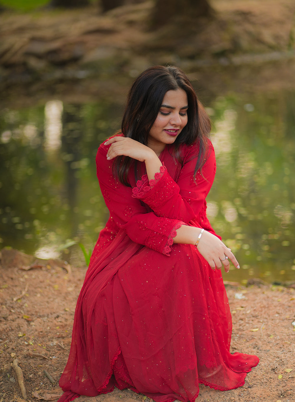 Ibadat Red - Viscose Anarkali & Dupatta Nargis Chikankari Set