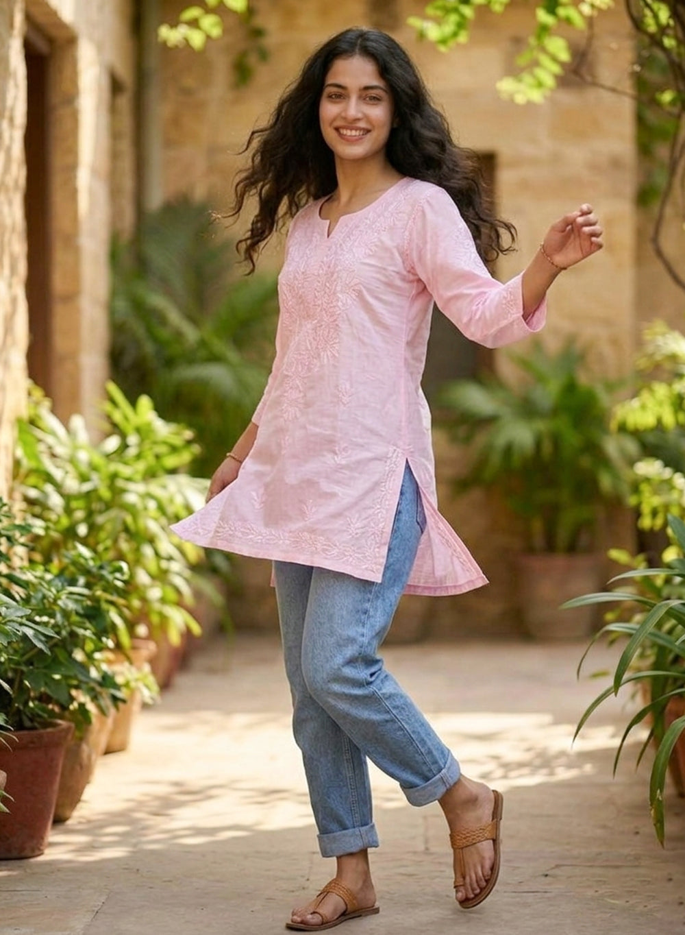 Peach Pink - Gulshan Linen Cotton Double Layered Chikankari Short Top