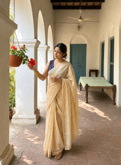 Guncha Beige - Dual Thread Aks Cotton Tepchi Chikankari Saree
