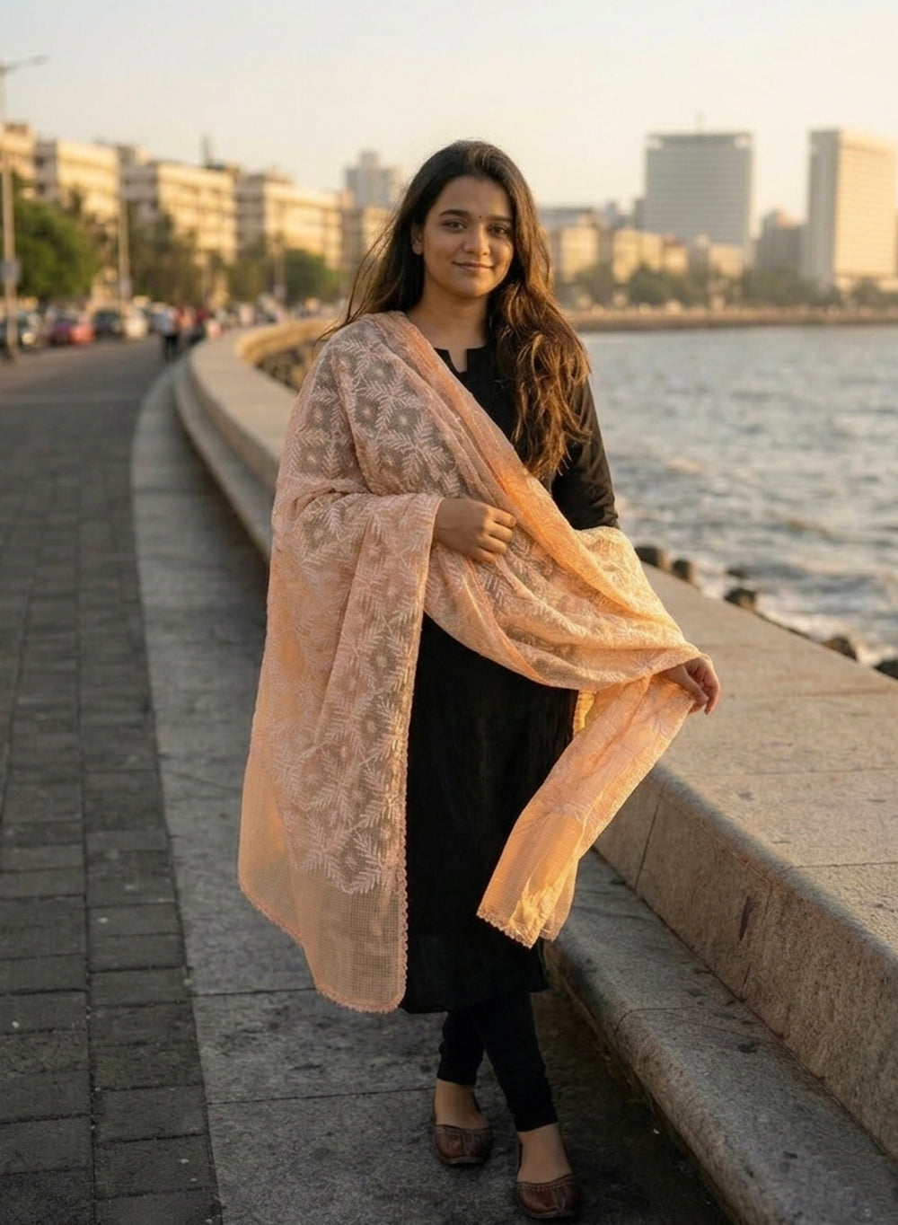 Peach - Nazm Kota Cotton Chikankari Plain Border Dupatta
