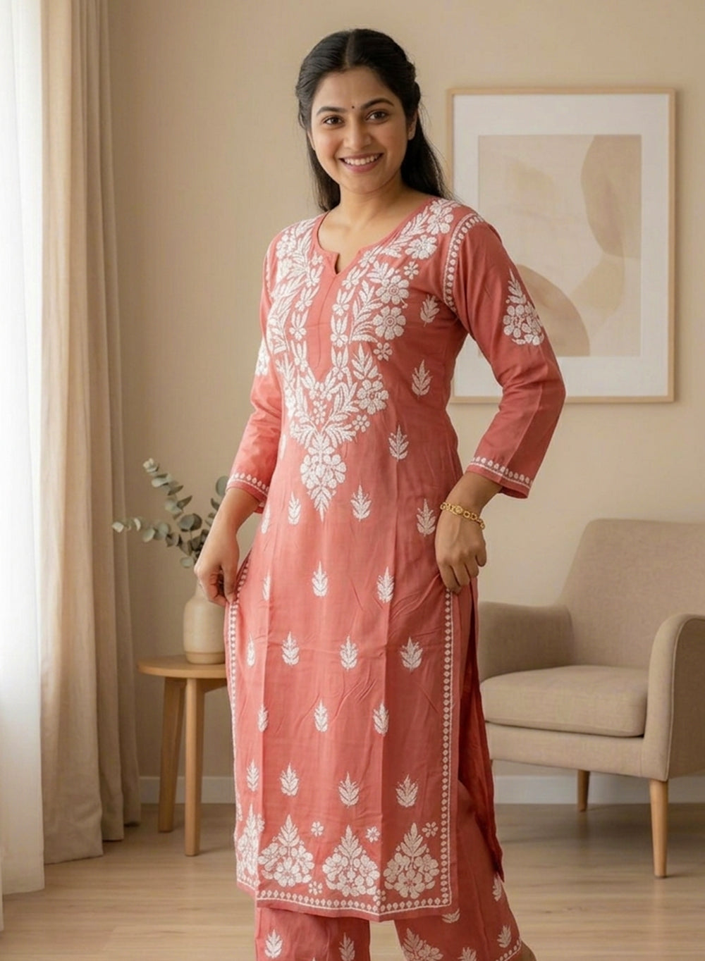 Brick - Modal Nargis Chikankari Co-ords Set With White Thread Embroidery