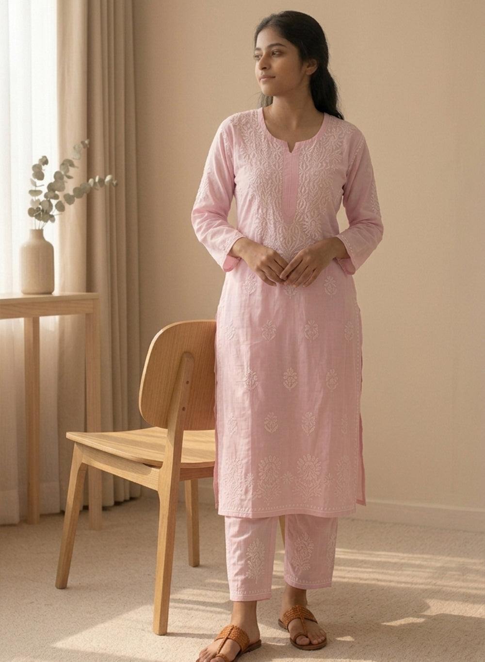 Baby Pink - Modal Nargis Chikankari Co-ords Set With White Thread Embroidery
