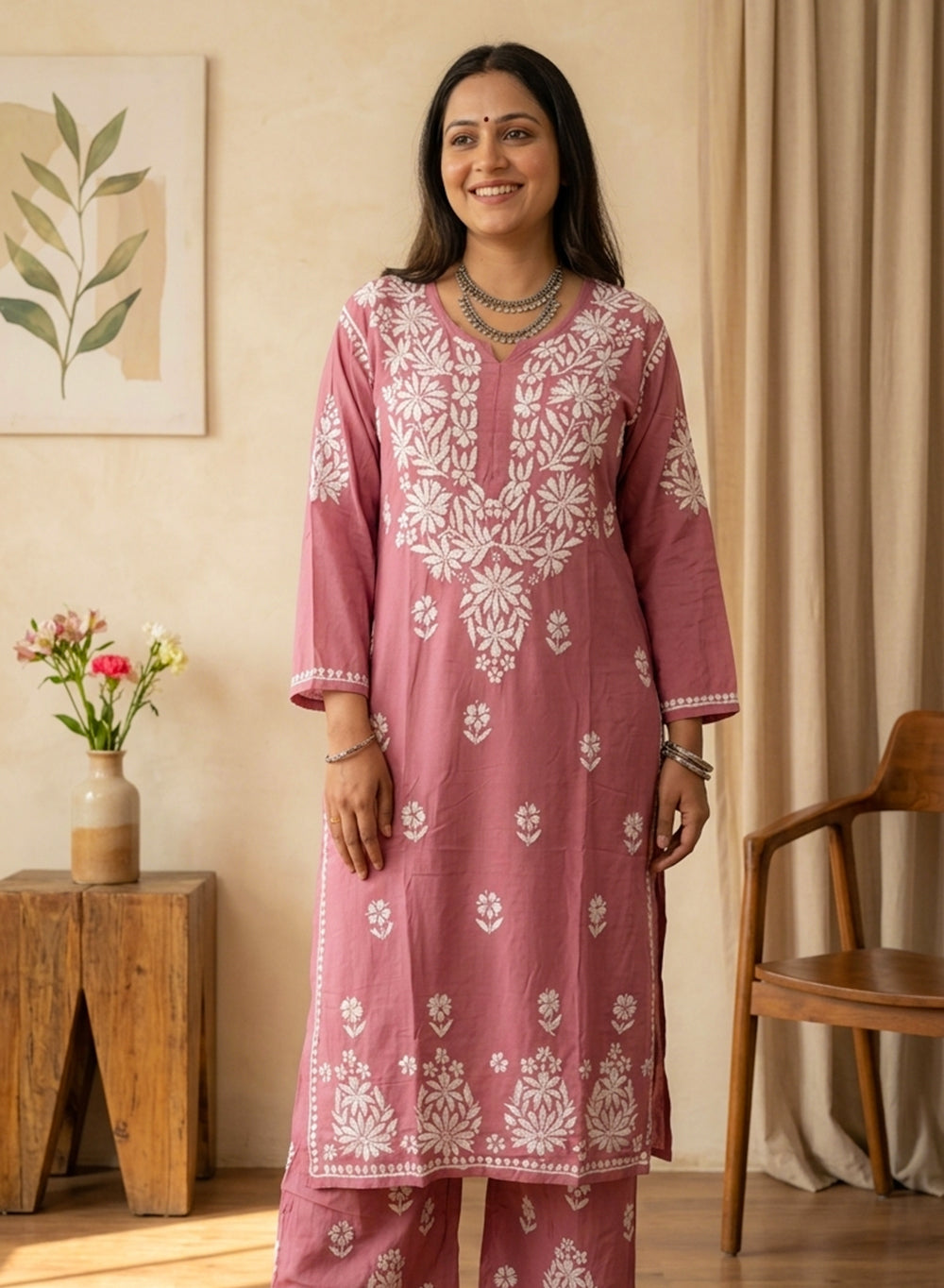 Pink - Modal Nargis Chikankari Co-ords Set With White Thread Embroidery