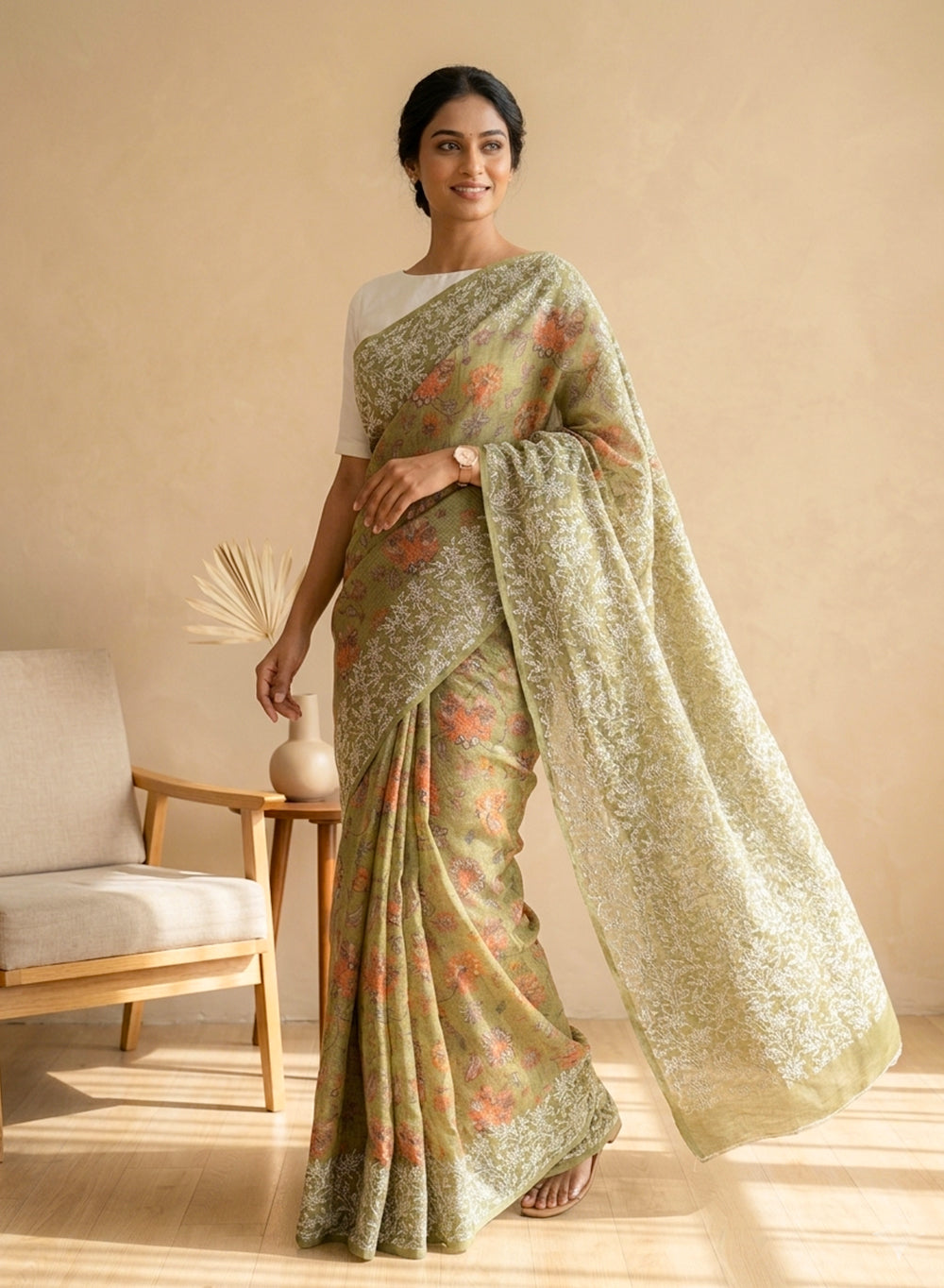 Aparajita Olive Green - Aks Printed Kota Cotton Chikankari Saree