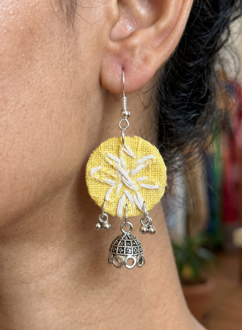 Yellow Handcrafted Fabric Circular Danglers with White Thread Embroidery & Oxidized Mini Jhumki Drops