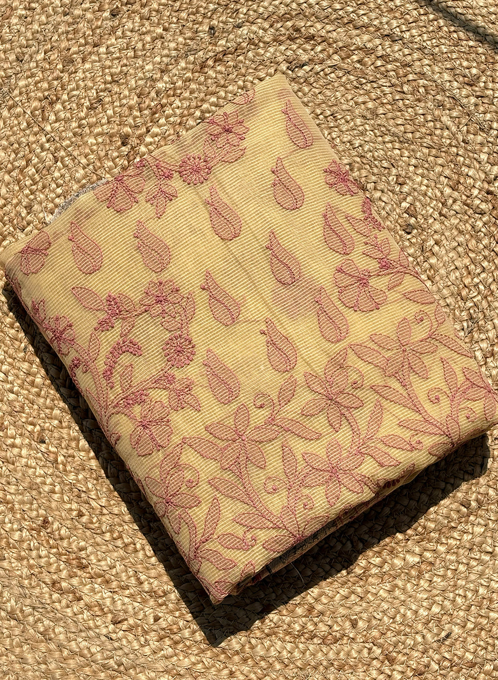 Yellow With Pink Cotton Chanderi - Aks Hand Embroidered Chikankari Saree