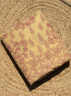 Yellow With Pink Cotton Chanderi - Aks Hand Embroidered Chikankari Saree