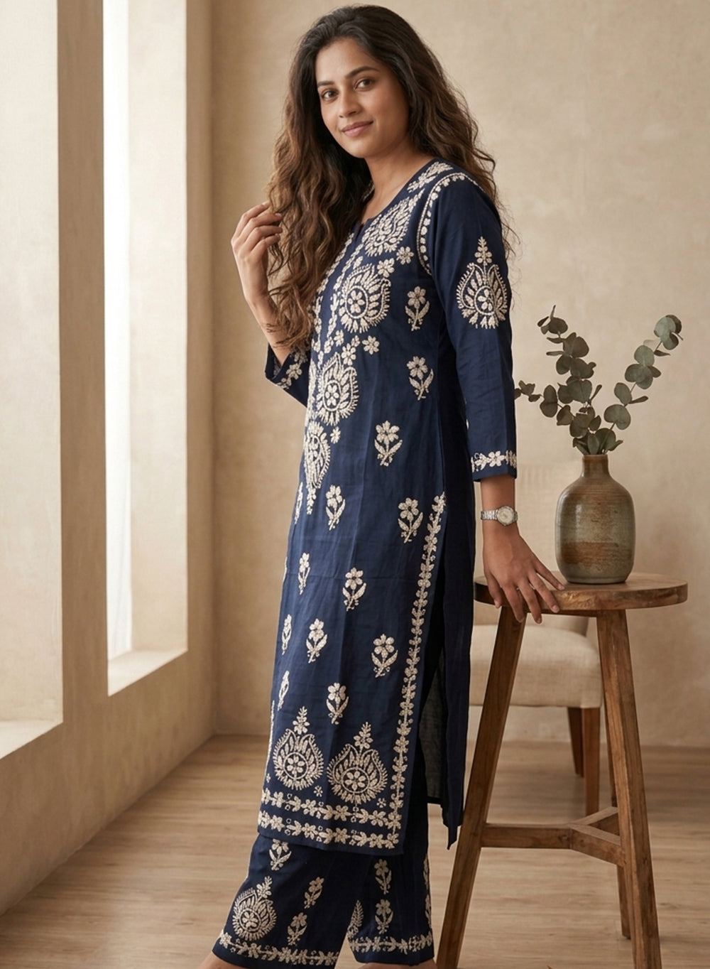 Navy Blue - Modal Nargis Chikankari Co-ords Set With White Thread Embroidery
