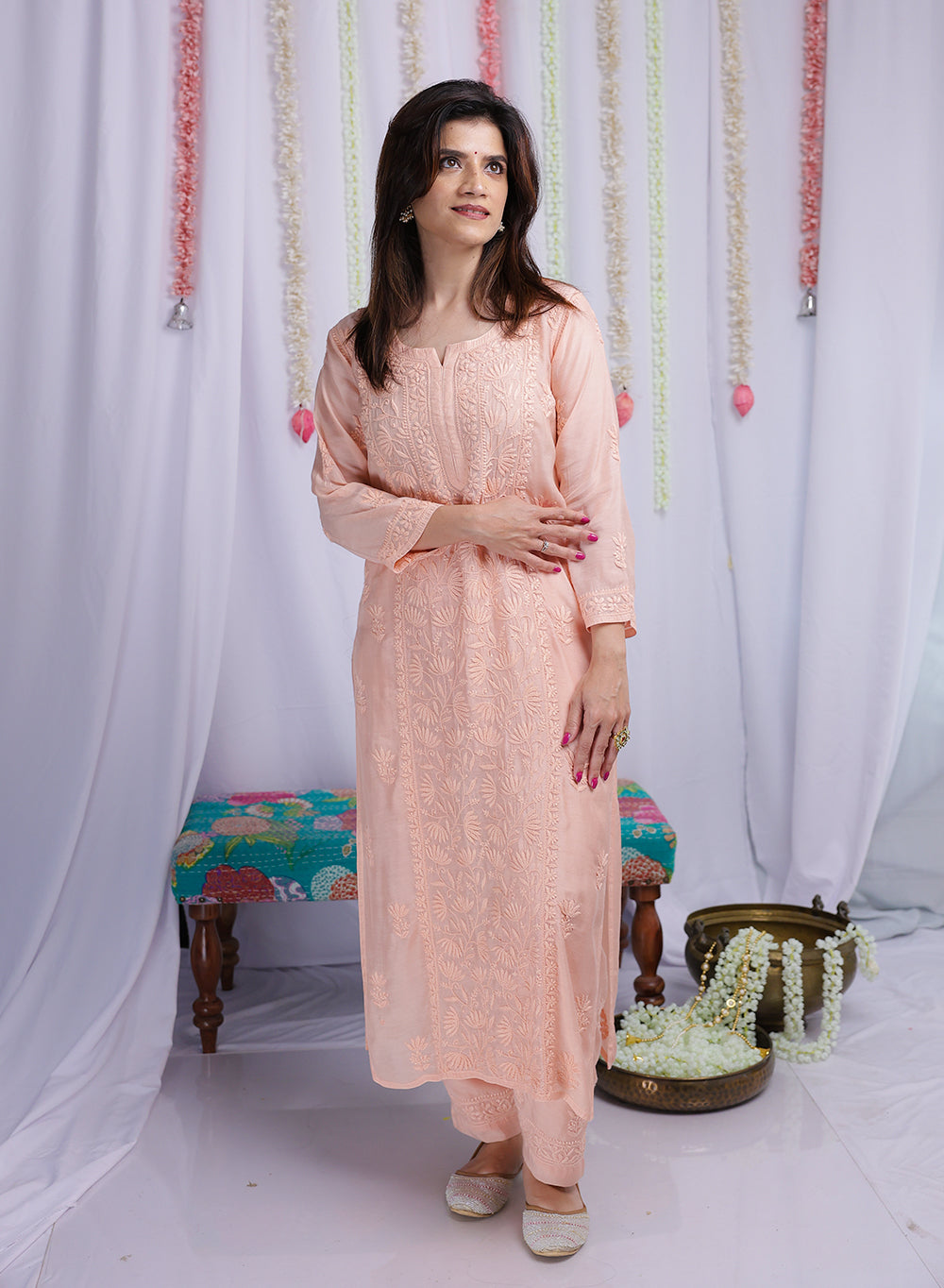 Saroj Peach - Muslin Nargis Chikankari Set