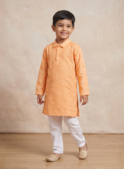 Peach Front Jaal - Cotton Chikankari Kurta With Pajama