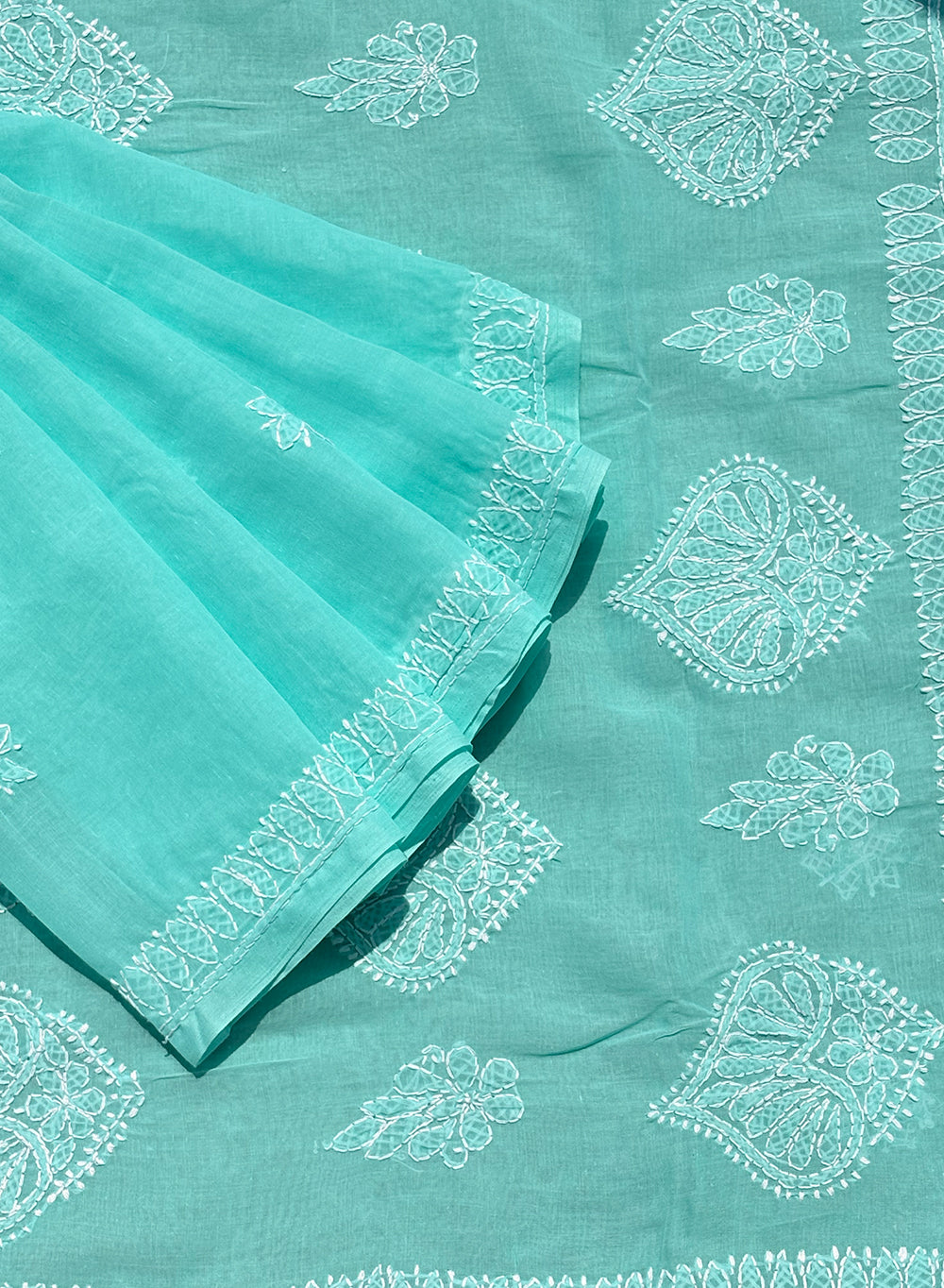 Sea Green - Cotton Terry Voile Aks Chikankari Saree