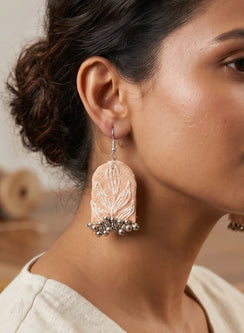 Peach Handcrafted Arch Fabric Dangler Earrings with Thread Embroidery & Ghungroo Fringe
