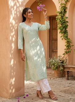 Pista -  Anjuman Muslin Chikankari Kurta With Katdana