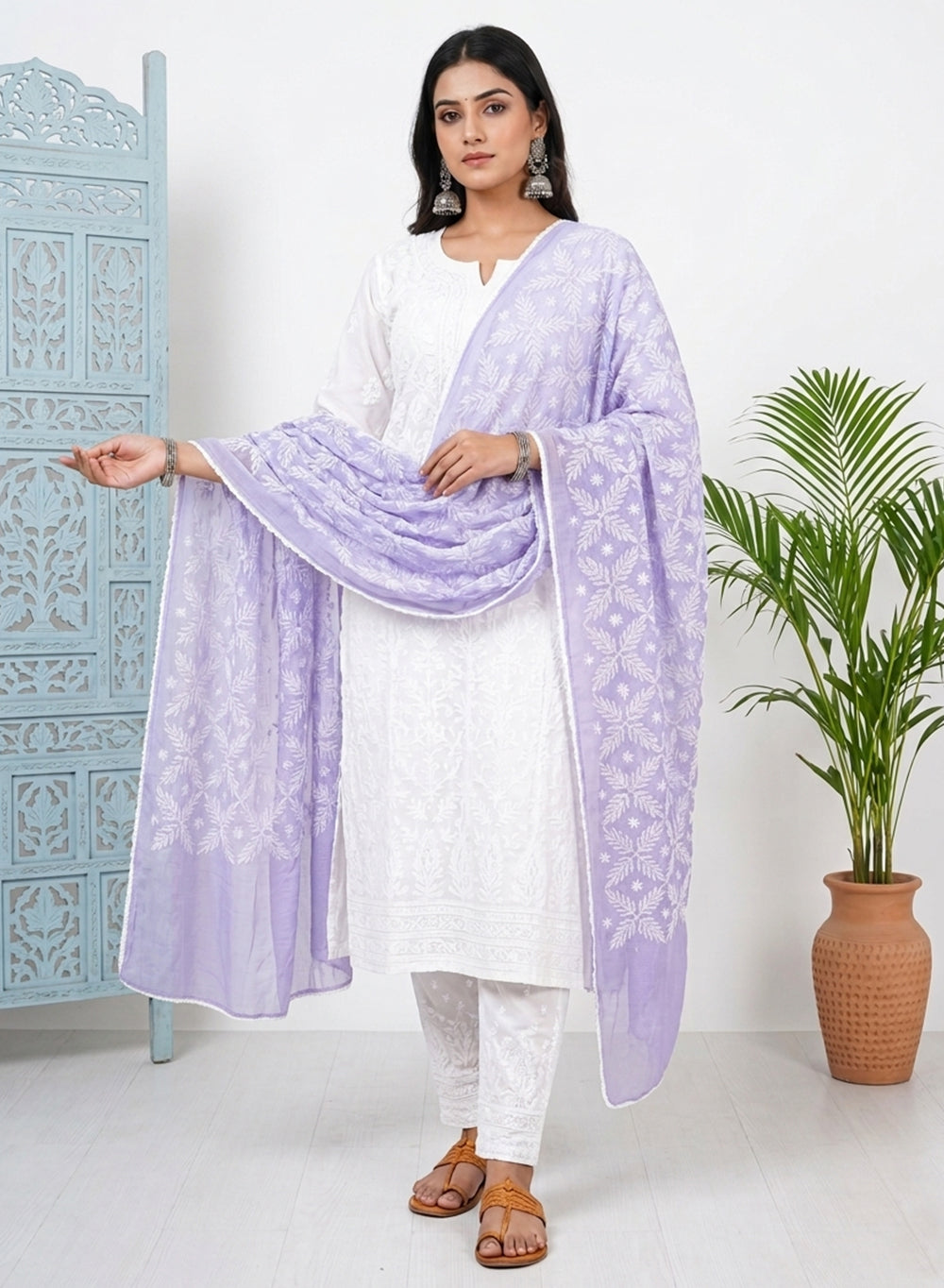 Lilac - Nazm Kota Cotton Chikankari Dupatta With White Thread Embroidery