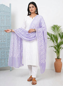 Lilac - Nazm Kota Cotton Chikankari Dupatta With White Thread Embroidery