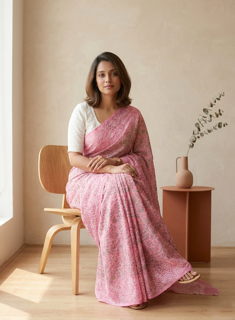 Aparajita Pink - Aks Printed Kota Cotton Chikankari Saree