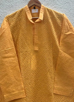 Mustard Front Jaal - Nawab Cotton Men Chikankari Long Kurta