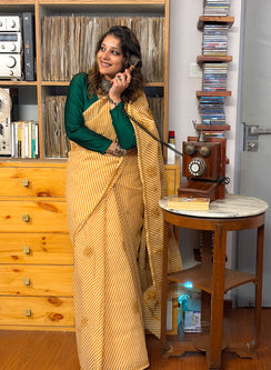 Mustard Lehariya - Kota Aks Cotton Chikankari Saree