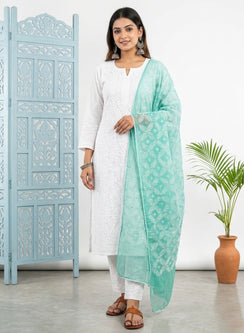 Turquoise - Nazm Kota Cotton Chikankari Dupatta With White Thread Embroidery