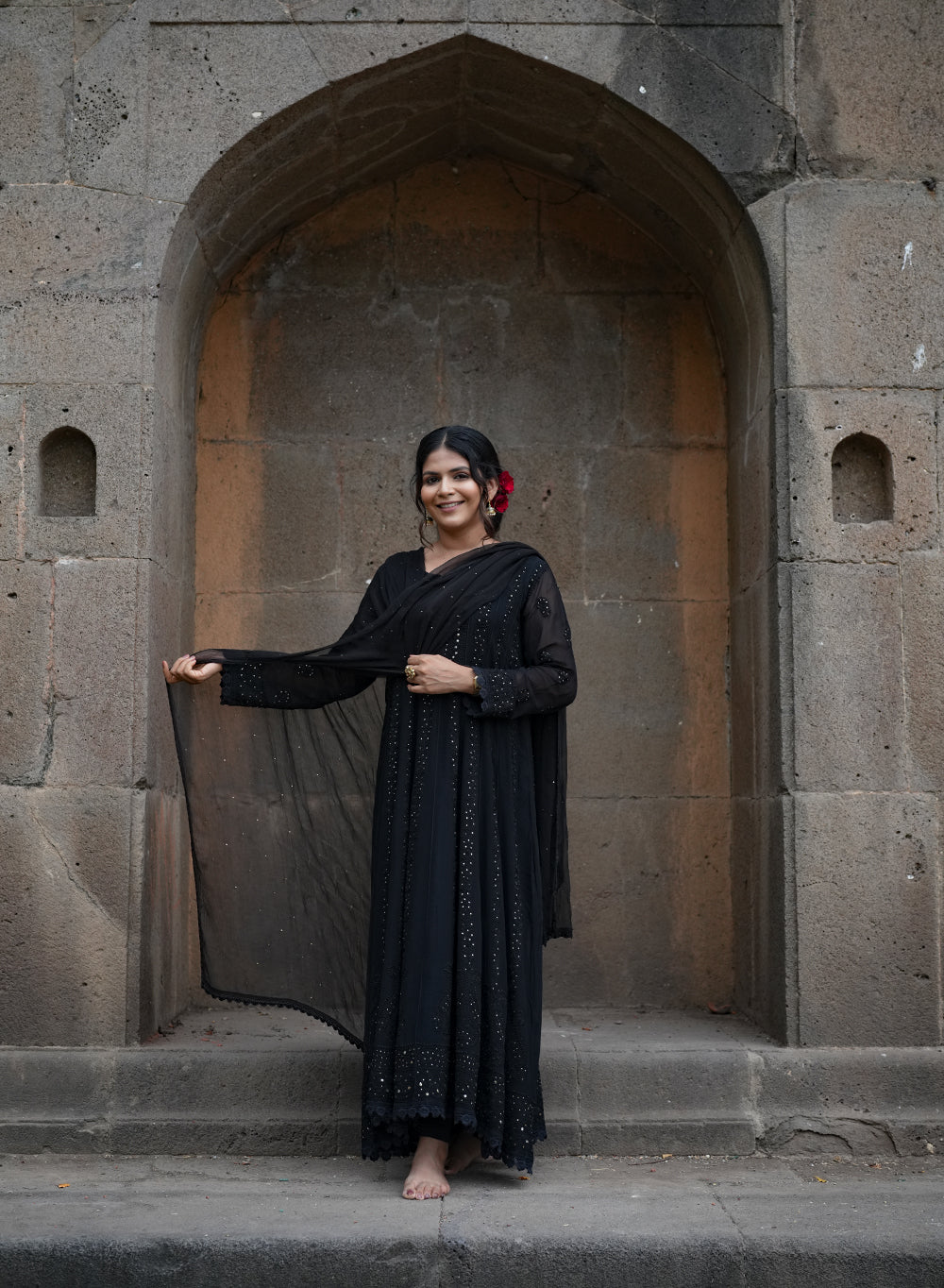 Ibadat Black - Viscose Anarkali & Dupatta Nargis Chikankari Set
