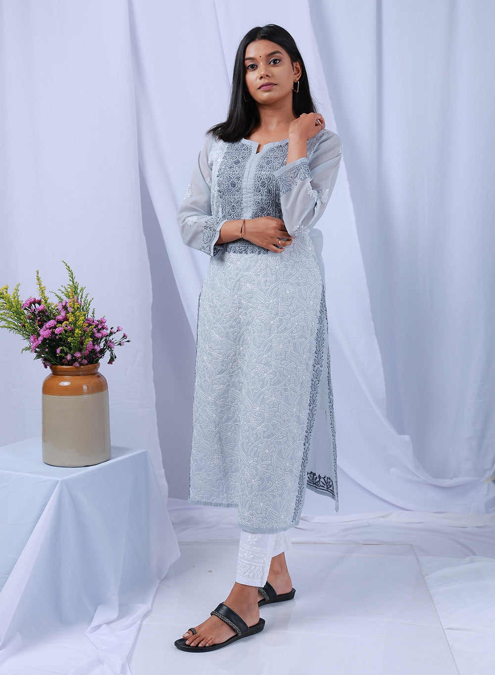 Mehak Gray - Cotton Terry Voile Bahaar Chikankari Kurta