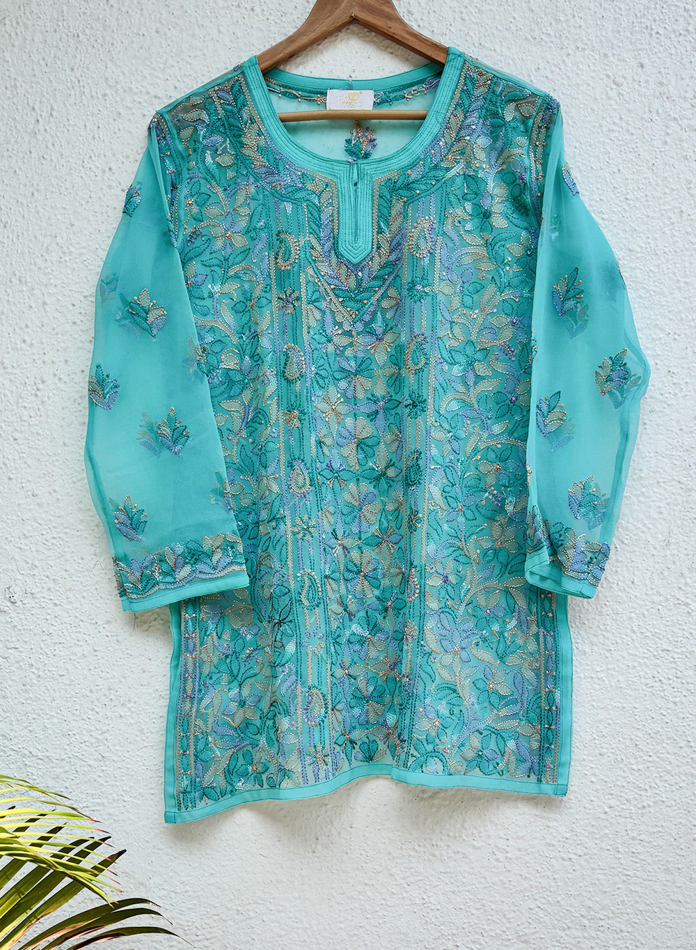 Turquoise With Multi-coloured thread - Gulzar Georgette Chikankari Short Top