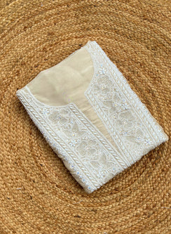 Golden - Nayaab Viscose Tissue Chikankari Kurta & Dupatta Fabric With Cutdana Work