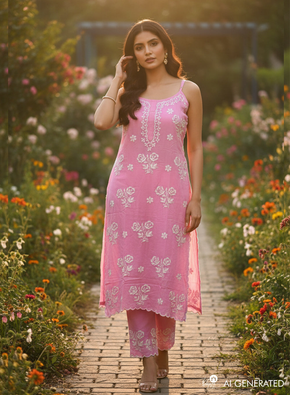 Kala Pink - Nargis Chikankari Rayon Noodle Strap Kurta & Palazzo Set