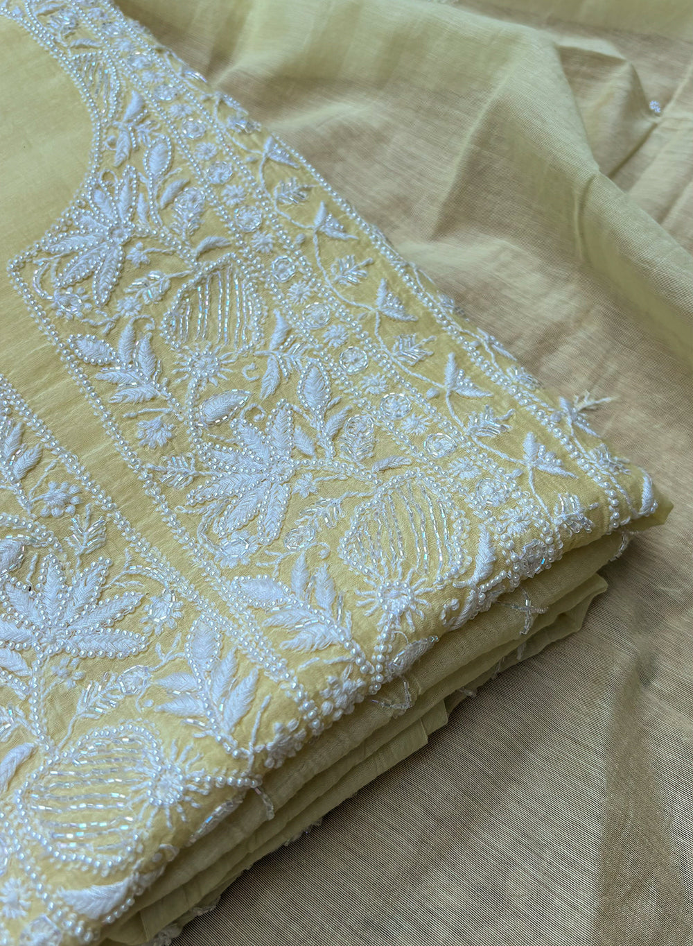 Light Yellow - Nayaab Mul Chanderi Chikankari Dress Material With Moti & Katdana Work