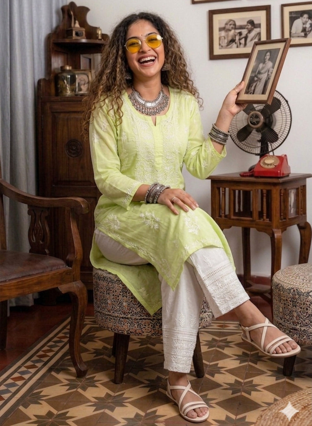 Suhani Lime Yellow - Anjuman Mul Chanderi Chikankari Kurta