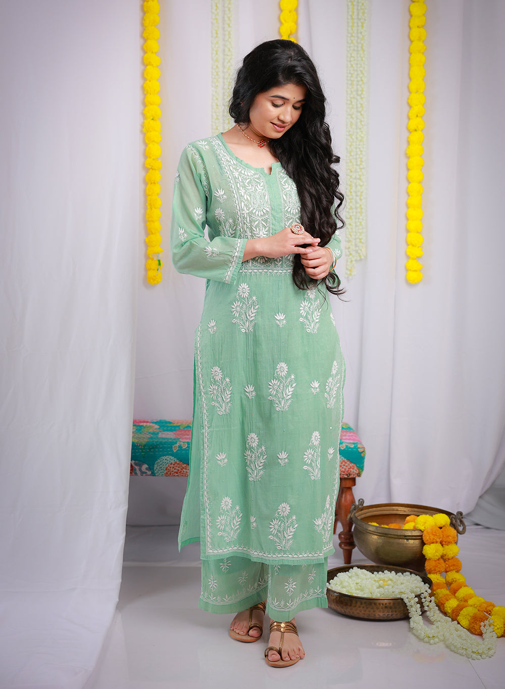 Eraya Sage Green - Mul Chanderi Nargis Chikankari Set