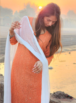 Nazakat Brick - Anjuman Viscose Ombre Front Jaal Chikankari Kurta