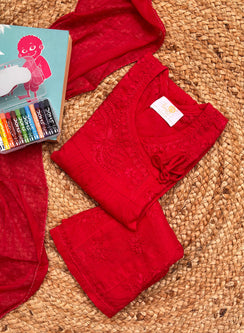 Kuhu Red - Dobby Cotton Angarakha Style Chikankari Kidswear Set